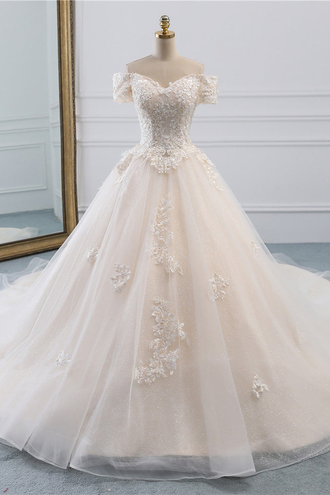 Affordable Off-the-Shoulder White Tulle Lace Wedding Dress Sweetheart Appliques Bridal Gowns On Sale-27dress