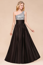 Affordable One Shoulder Sequins Long Bridesmaid Dresses with Ruffle-27dress