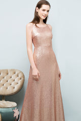 Affordable Pink Sequined Long Bridesmaid Dress With Scoop-27dress