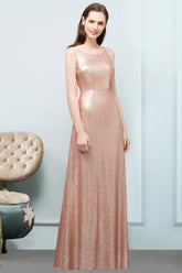 Affordable Pink Sequined Long Bridesmaid Dress With Scoop-27dress