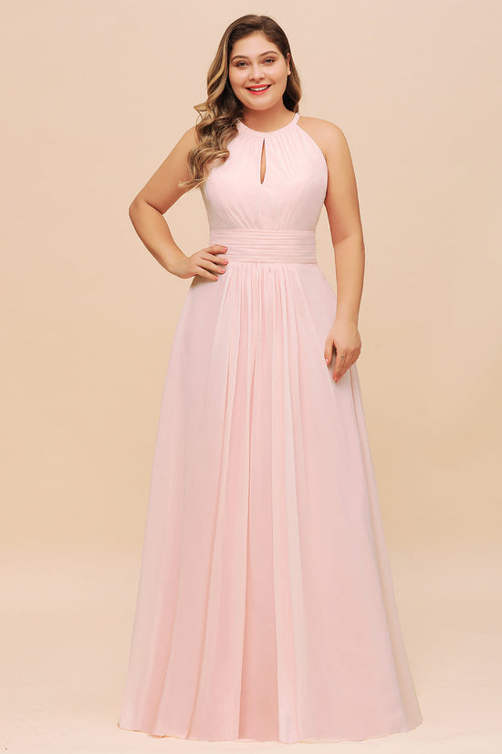 Affordable Plus Size Chiffon Round Neck Pink Bridesmaid Dress-27dress