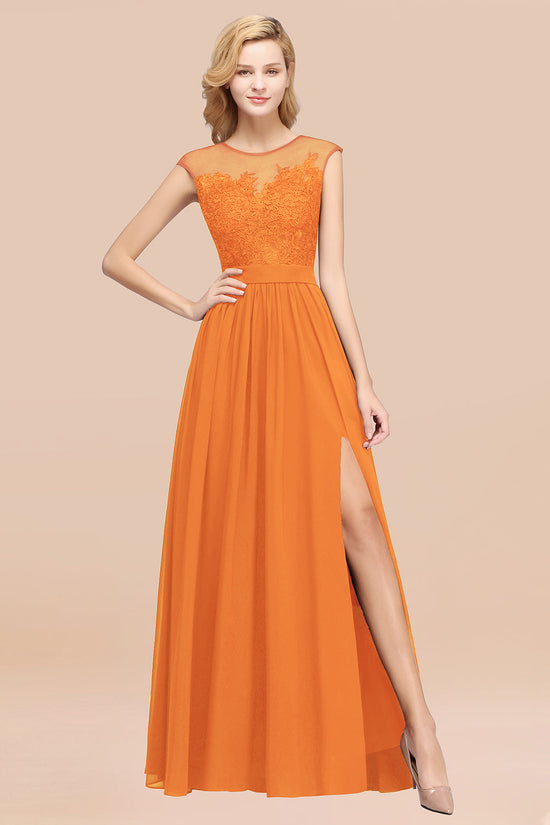 Affordable Scoop Lace Appliques Yellow Bridesmaid Dresses with Slit-27dress