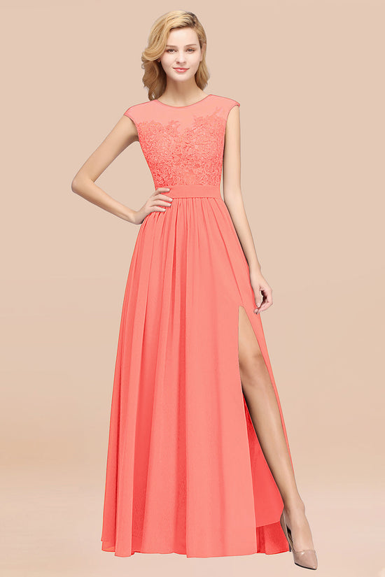 Affordable Scoop Lace Appliques Yellow Bridesmaid Dresses with Slit-27dress