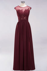 Affordable Scoop Lace Appliques Yellow Bridesmaid Dresses with Slit-27dress