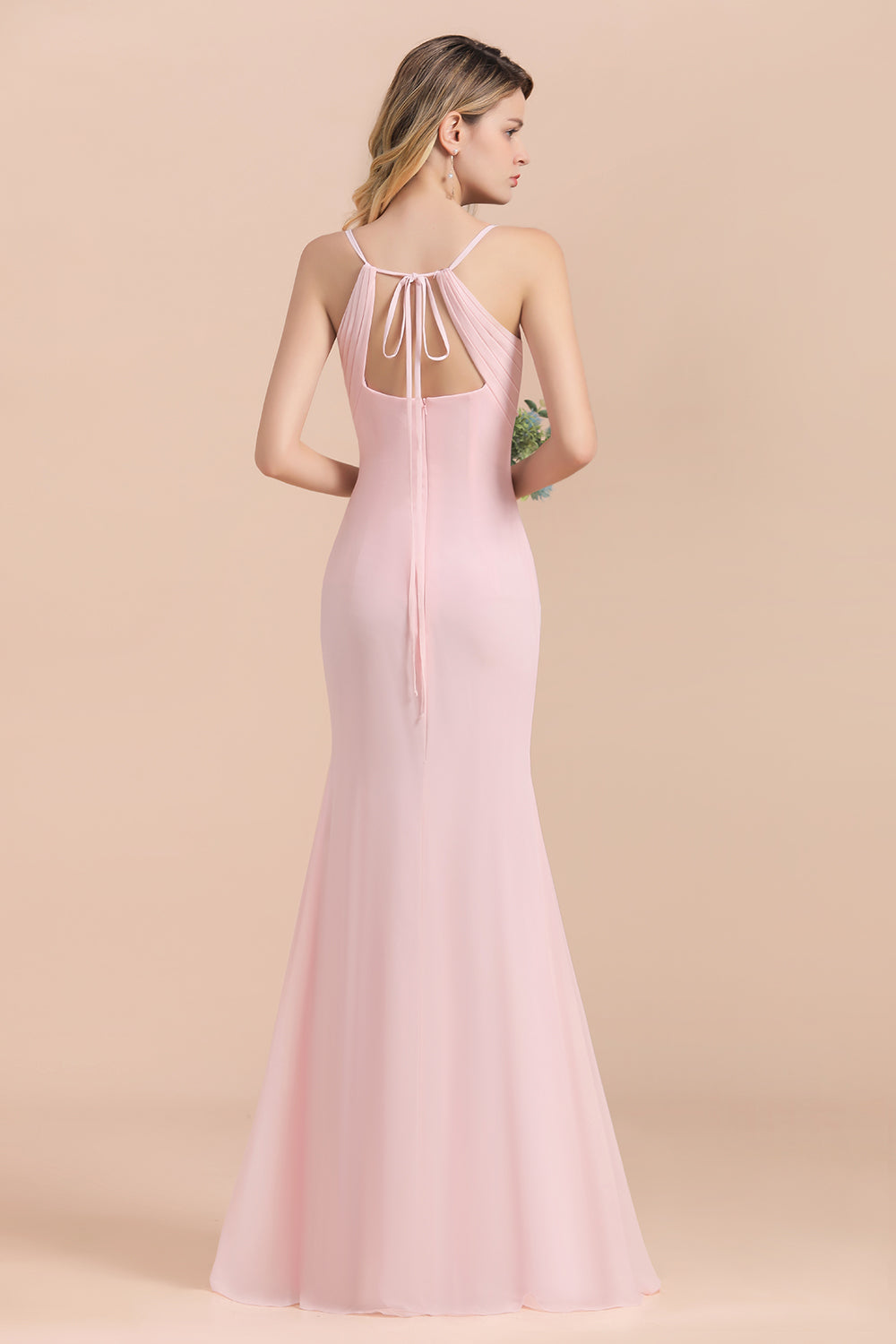 Affordable Sheath V-Neck Blushing Pink Chiffon Bridesmaid Dress with Spaghetii Straps-27dress