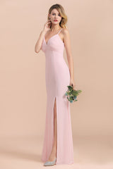 Affordable Sheath V-Neck Blushing Pink Chiffon Bridesmaid Dress with Spaghetii Straps-27dress