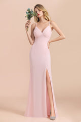 Affordable Sheath V-Neck Blushing Pink Chiffon Bridesmaid Dress with Spaghetii Straps-27dress