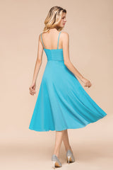Affordable Spaghetti Straps Blue Chiffon Bridesmaid Dress with Ruffle-27dress