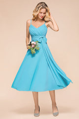 Affordable Spaghetti Straps Blue Chiffon Bridesmaid Dress with Ruffle-27dress