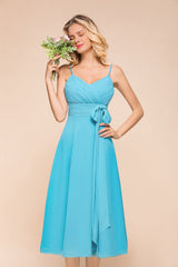Affordable Spaghetti Straps Blue Chiffon Bridesmaid Dress with Ruffle-27dress