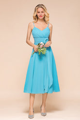 Affordable Spaghetti Straps Blue Chiffon Bridesmaid Dress with Ruffle-27dress