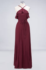 Affordable Spaghetti Straps Burgundy Long Bridesmaid Dress With Bow Sash-27dress