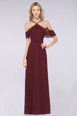 Affordable Spaghetti Straps Burgundy Long Bridesmaid Dress With Bow Sash-27dress