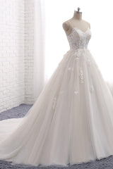 Affordable Spaghetti Straps Sleeveless Lace Wedding Dresses A-line Tulle Ruffles Bridal Gowns On Sale-27dress
