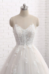 Affordable Spaghetti Straps Sleeveless Lace Wedding Dresses A-line Tulle Ruffles Bridal Gowns On Sale-27dress