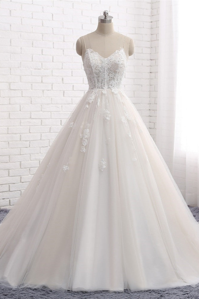 Affordable Spaghetti Straps Sleeveless Lace Wedding Dresses A-line Tulle Ruffles Bridal Gowns On Sale-27dress