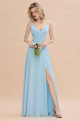 Affordable Spaghetti-Straps Slit Long Chiffon Bridesmaid Dress with Ruffle-27dress