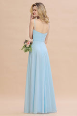 Affordable Spaghetti-Straps Slit Long Chiffon Bridesmaid Dress with Ruffle-27dress