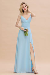 Affordable Spaghetti-Straps Slit Long Chiffon Bridesmaid Dress with Ruffle-27dress