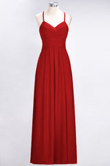 Affordable Spaghetti Straps V-Neck Burgundy Chiffon Bridesmaid Dress with Keyhole Back-27dress