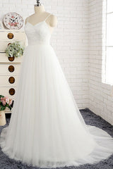 Affordable Spaghetti Straps White Wedding Dresses A-line Tulle Ruffles Bridal Gowns On Sale-27dress