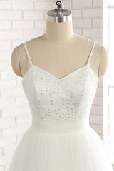 Affordable Spaghetti Straps White Wedding Dresses A-line Tulle Ruffles Bridal Gowns On Sale-27dress