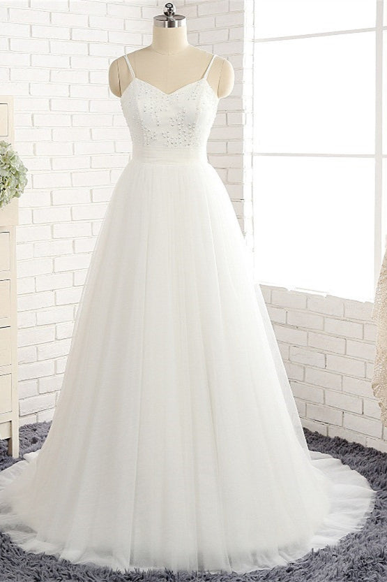Affordable Spaghetti Straps White Wedding Dresses A-line Tulle Ruffles Bridal Gowns On Sale-27dress