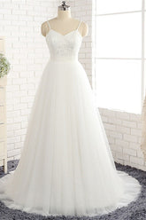 Affordable Spaghetti Straps White Wedding Dresses A-line Tulle Ruffles Bridal Gowns On Sale-27dress