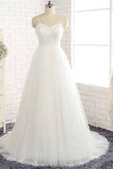 Affordable Spaghetti Straps White Wedding Dresses A-line Tulle Ruffles Bridal Gowns On Sale-27dress
