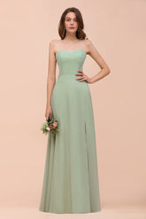 Affordable Strapless Front Slit Long Dusty Sage Bridesmaid Dress-27dress