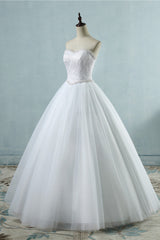 Affordable Strapless Tulle Lace Wedding Dresses Sweetheart Sleeveless Bridal Gowns with Pearls Online-27dress