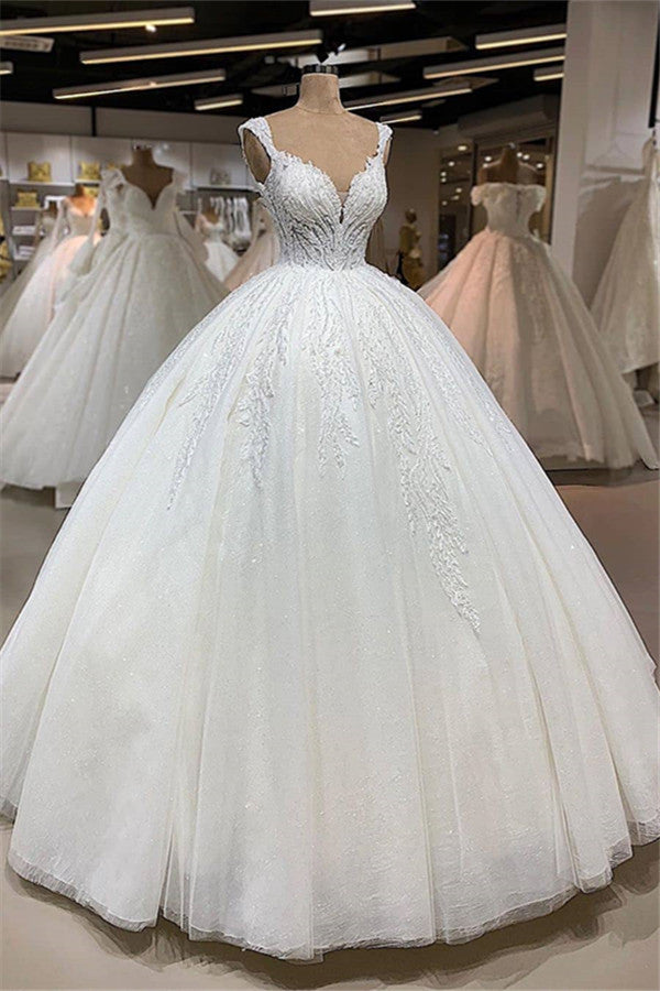 Affordable Straps A-line White Wedding Dresses With Appliques Tulle Ruffles Bridal Gowns Online-27dress