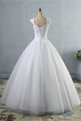 Affordable Sweetheart Tulle Lace Wedding Dresses Cap-Sleeves Appliques Bridal Gowns Online-27dress