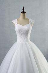 Affordable Sweetheart Tulle Lace Wedding Dresses Cap-Sleeves Appliques Bridal Gowns Online-27dress
