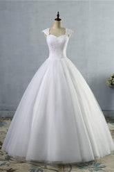 Affordable Sweetheart Tulle Lace Wedding Dresses Cap-Sleeves Appliques Bridal Gowns Online-27dress