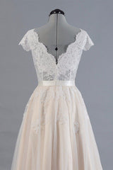 Affordable V-neck A-line Wedding Dresses Shorts leeves Tulle Lace Bridal Gowns On Sale-27dress
