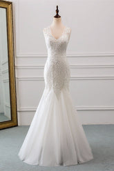Affordable V-Neck Appliques Mermaid Wedding Dresses with Beadings Online-27dress