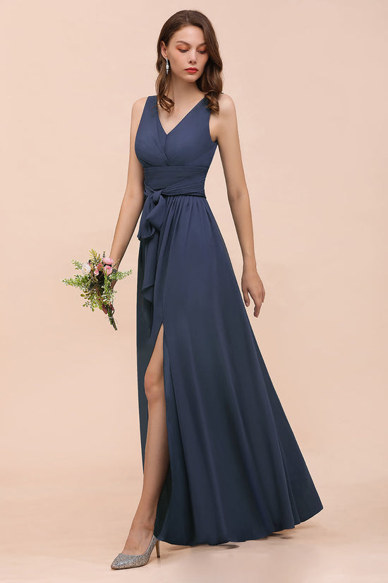 Affordable V-Neck Chiffon Long Stormy Bridesmaid Dress With Slit-27dress