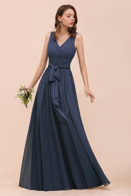 Affordable V-Neck Chiffon Long Stormy Bridesmaid Dress With Slit-27dress