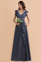 Affordable V-Neck Chiffon Ruffles Bridesmaid Dress with Pockets On Sale-27dress