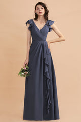Affordable V-Neck Chiffon Ruffles Bridesmaid Dress with Pockets On Sale-27dress