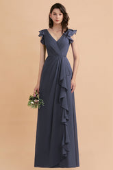 Affordable V-Neck Chiffon Ruffles Bridesmaid Dress with Pockets On Sale-27dress