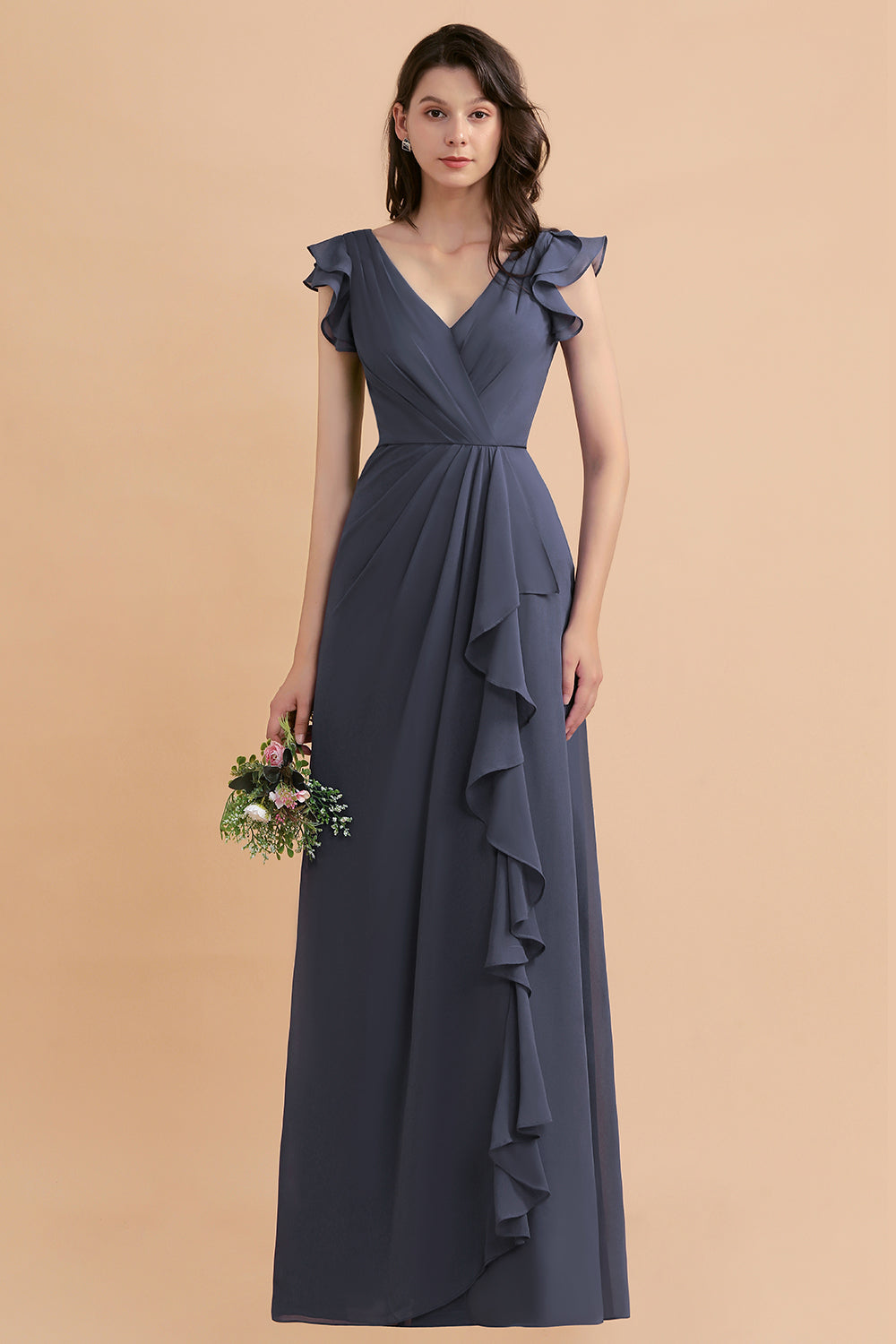 Affordable V-Neck Chiffon Ruffles Bridesmaid Dress with Pockets On Sale-27dress