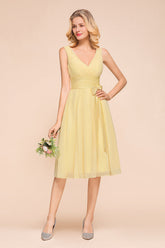 Affordable V-Neck Daffodil Chiffon Short Bridesmaid Dress with Ruffle-27dress