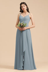 Affordable V-Neck Ruffle Dusty Blue Chiffon Bridesmaid Dresses-27dress