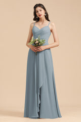 Affordable V-Neck Ruffle Dusty Blue Chiffon Bridesmaid Dresses-27dress