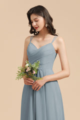 Affordable V-Neck Ruffle Dusty Blue Chiffon Bridesmaid Dresses-27dress