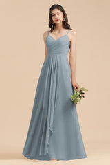 Affordable V-Neck Ruffle Dusty Blue Chiffon Bridesmaid Dresses-27dress