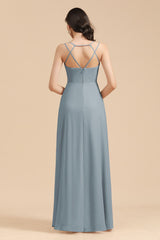 Affordable V-Neck Ruffle Dusty Blue Chiffon Bridesmaid Dresses-27dress