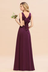 Affordable V-Neck Ruffle Long Grape Chiffon Bridesmaid Dress with Bow-27dress
